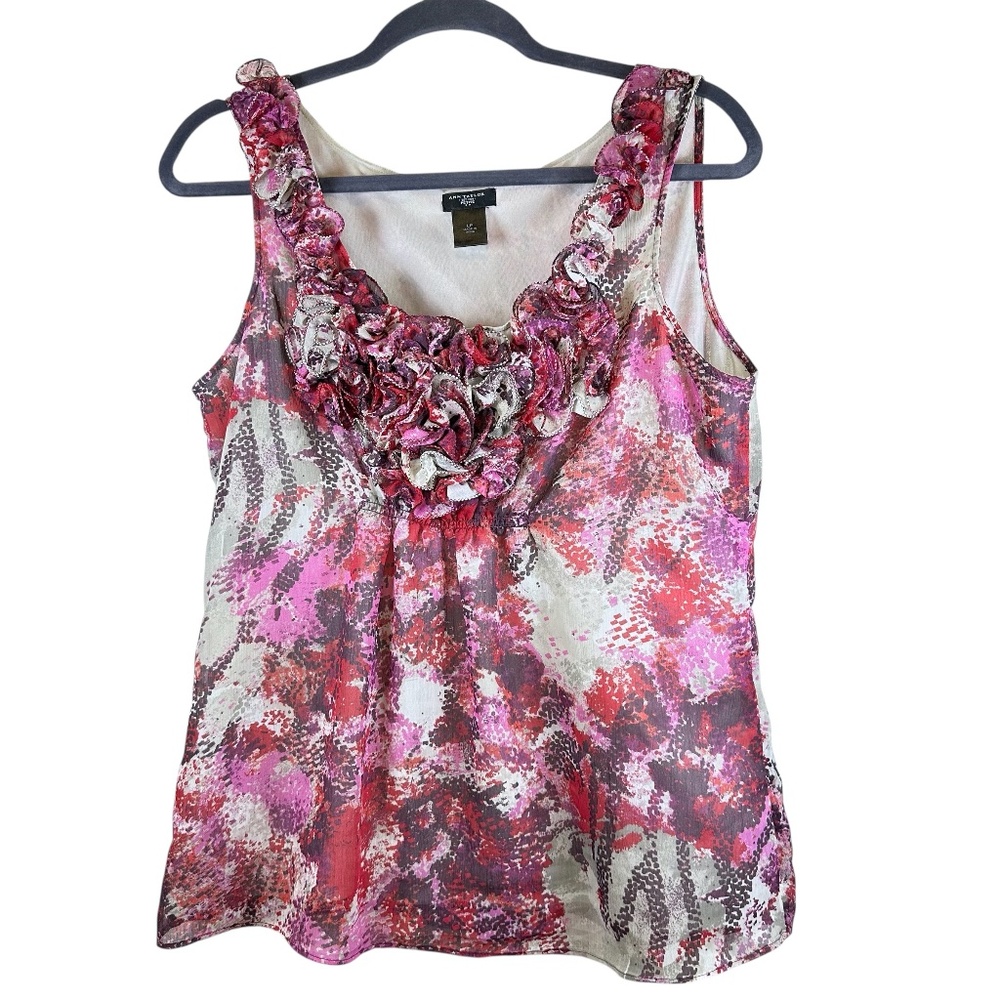 Ann Taylor Petite LP Ruffle Neck Sleeveless Blouse Pink Purple Print Fully Lined